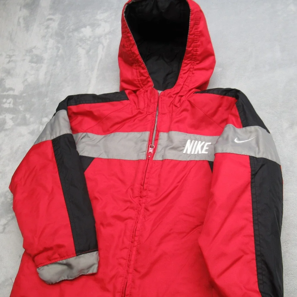 Vintage Nike Jacket Youth 6 Full Zip Red Black Reversible Hooded Full Zip Puffer
